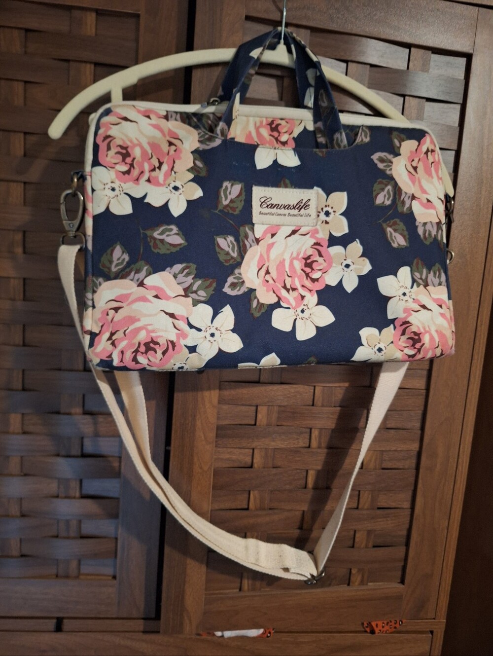 Laptop Messenger Bag Navy Floral Crossbody Bag with Pink Roses‎